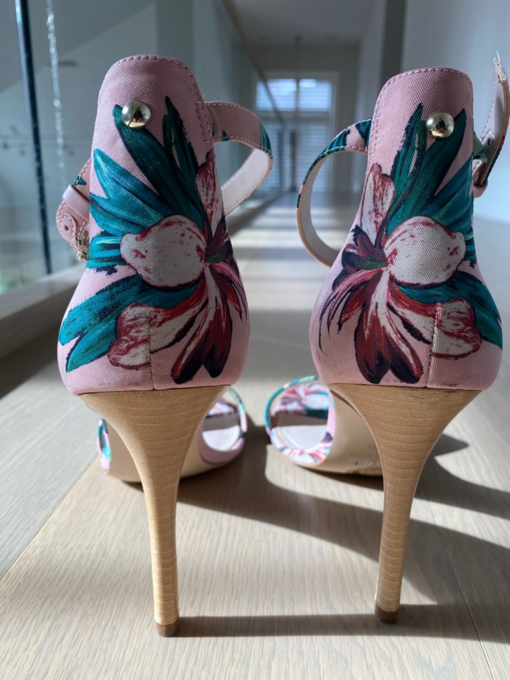 Nine West Pink Floral High Heel Ankle-Strap Sandals Size 9